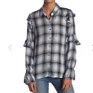 Banjara Black/White Long Sleeve Ruffle Plaid Top